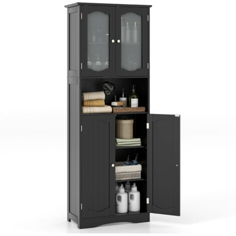 Costway – Colonne de salle de bain 60 x 30 x 164 cm – 2 portes en verre trempé – 2 étagères réglables – 3 compartiments ouverts – MDF imperméable (1/5)