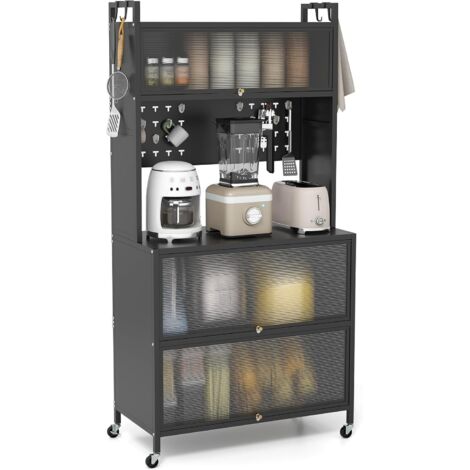 Costway – Étagère de cuisine 5 niveaux – Support micro-ondes en métal noir – Portes battantes translucides – 10 crochets inclus – Dimensions 80x40x160 cm