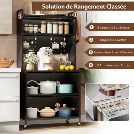 Meuble Cuisine 6 Niveaux COSTWAY - Avec Roulettes - Portes Battantes - Panneau Perforé - Noir