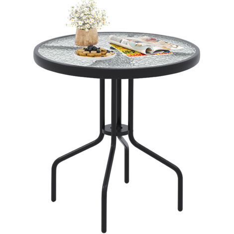 Table Bistro Ronde de Patio 70 CM, avec Structure Métallique Robuste et Plateau en Verre Trempé Ondulé, avec Trou de Parasol (1/5)