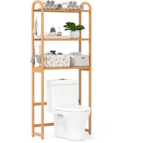 Meuble WC au-Dessus des Toilettes en Bambou, Étagère de Rangement de Salle de Bain à 3 Niveaux, 3 Crochets, Gain de Place pour Salle de Bain, Naturel