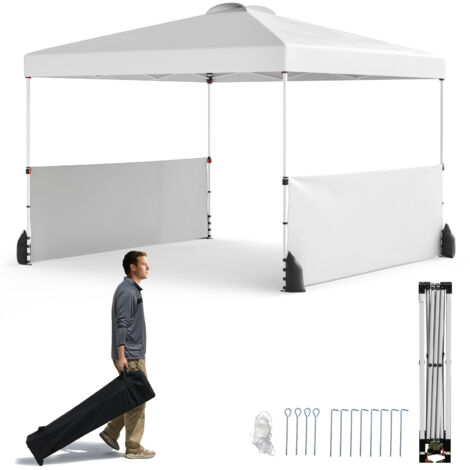 Tonnelle Pliable 300 X 300 CM avec 2 Demi-Murs Latéraux, Sac à Roulettes, 8 Piquets, 4 Ancrages, 4 Cordes de Vent, 4 Sacs de Sable, Blanc (1/5)