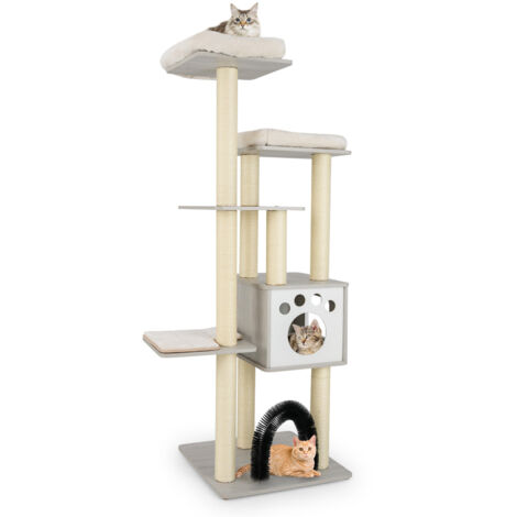 Arbre à Chat avec Niche et 2 Perchoirs en Peluche, Grand Condo pour Chat à Plusieurs Niveaux, avec Poteaux en Sisal et Tapis Lavables, Gris (1/5)