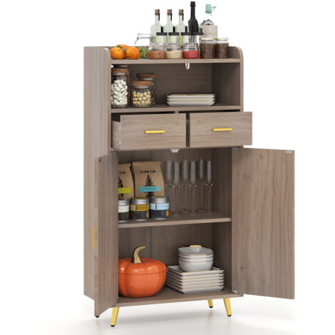 Meuble Salle de Bain Rangement, Armoire Salle de Bain avec 2 Tiroirs Placard à 2 Portes, Compartiment Ouvert, Étagère Réglable, 30 x 60 x 113CM, Gris (1/5)