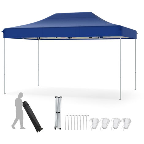 Tonnelle Pliante, 300 x 445 CM, Montage Facile, Gazebo Commercial avec Trous de Drainage, Sac à Roulettes, 4 Cordes, 8 Piquets, Bleu (1/5)