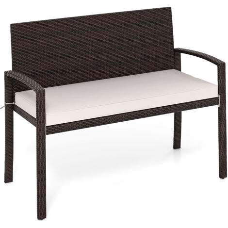 Banc en Osier pour 2 Personnes avec Coussin de Siège, Chaise Extérieure avec Dossier et Accoudoirs, 110 x 56 x 84 cm, Charge 360 KG, Beige (1/5)