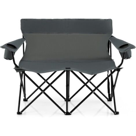 Chaise Pliante Camping à 2 Places, 132 x 66 x 96 cm, Charge 300 kg, Chaise de Jardin Exterieur, 2 Porte-Gobelets, Sac de Transport (Gris) (1/5)