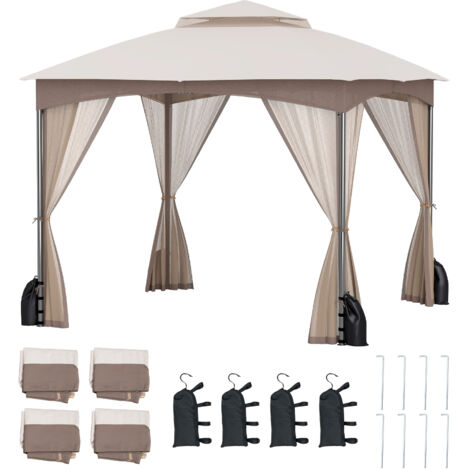 Tonnelle de Jardin 3 x 3 M avec Parois en Filet, Tente de Reception avec Double Toit 4 Sacs de Sable, Gazebo Imperméable, pour Terrasse, Beige (1/5)