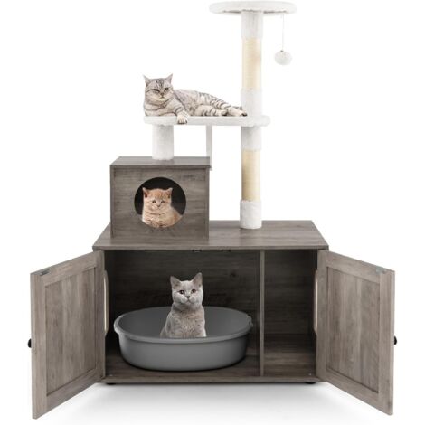 Arbre a Chat Litiere Intégrée, Tour pour Chats avec Cache-Litiere, 2 Plateformes, Grand Condo, Poteaux à Griffer en Sisal (132 cm,Ivoire) (1/5)