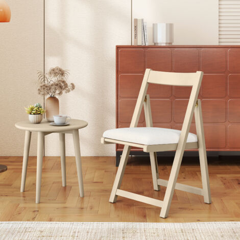 Lot de 2 Chaise Pliante avec Dossier Courbé, Chaises de Salle à Manger Rembourrées, Structure en Bois de Caoutchouc, pour Salon, Charge 150 kg, Beige