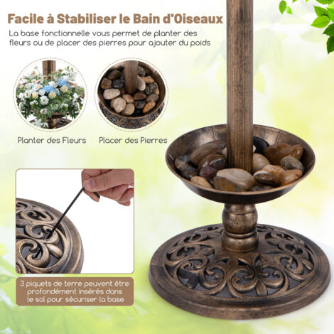 Bain d'Oiseaux Solaire Extérieur Bain d'Oiseaux Vintage & Mangeoire avec Piédestal de Jardinière à Fleurs & Lumières Solaires Bronzé