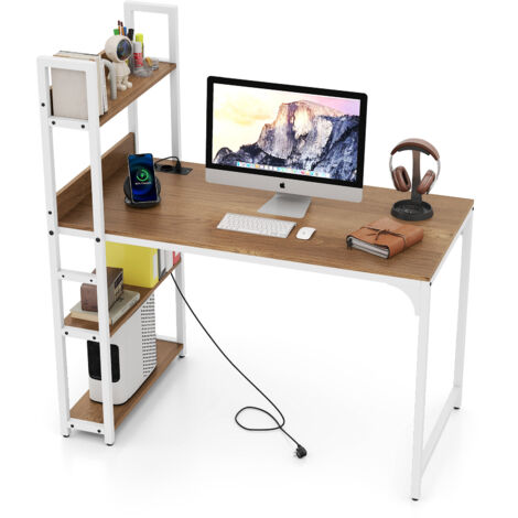 Bureau d'Ordinateur avec Multiprise, Table d'Étude 120 cm avec Bibliothèque, Port USB A, Port Type-C, Poste de Travail pour Bureau à Domicile, Naturel (1/5)