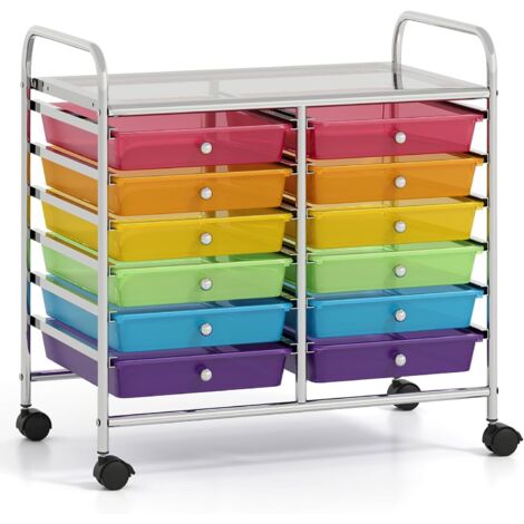Chariot de Rangement à roulettes 12 Tiroirs en PP, Tour de Rangement avec Tablette, Roues Universelles, Cadre en Métal (Multicolore Clair) (1/5)