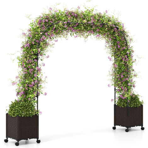 Arche de Jardin 288 CM avec 2 Boîtes de Plantation pour Plantes Grimpantes avec Arrosage Automatique, Trou de Drainage et Roues Verrouillables (1/2)