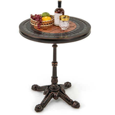 Table de Jardin Ronde de 60,5 cm, Table en Aluminium Coulé Résistante aux Intempéries avec Texture Sculptée et Plateau Peint, Bronze (1/5)