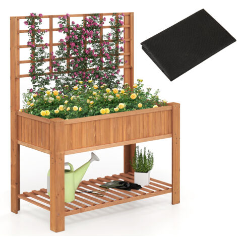 Jardinière Surélevée avec Treillis, Bac à Plantes avec Pieds, Doublure, Étagère et Trous de Drainage pour Plantes Grimpantes, Marron (1/5)