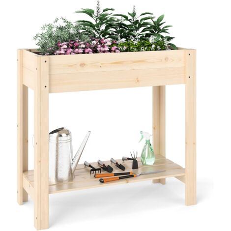 Jardinière Surélevée en Bois avec Pieds, Lit de Jardin avec Étagère de Rangement et Trous de Drainage, Conteneur (81 x 37 x 77 cm) (1/5)