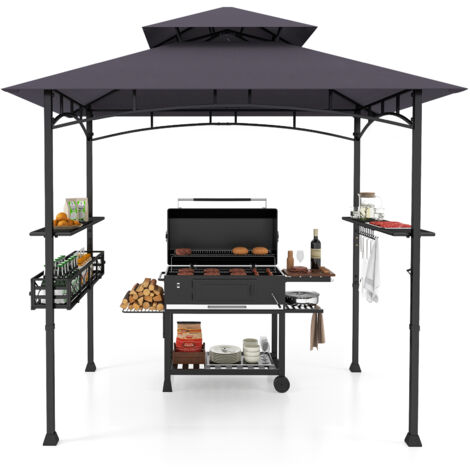 Tonnelle pour Barbecue 242 x 153 cm, 2 Etagères Latérales, Panier de Rangement, Crochets de Suspension, Décapsuleur, Events, Gris (1/5)