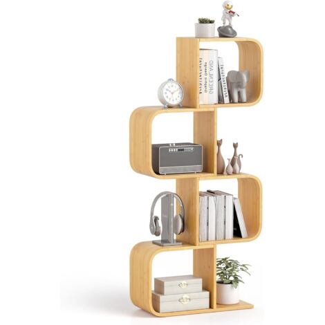 Bibliothèque en Forme de 'S' à 4 Niveaux, Etagère en Bambou avec 4 Cubes Ouverts, Etagère d'angle Géométrique, Etagère de Rangement, Naturel (1/5)