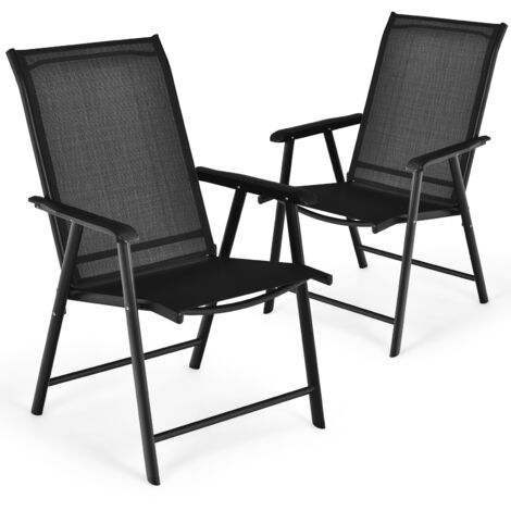 Lot de 2 Chaises de Jardin Pliantes avec Accoudoirs Charge 110KG, Fauteuils de Jardin Pliables en Tissu Respirant Noir (1/5)