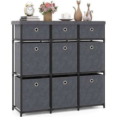 Commode Tissu Tiroirs, Commode Chambre Rangement Cubique,Cadre en Métal, Montage Facile,Couloir (9 Tiroirs,Gris) (1/5)