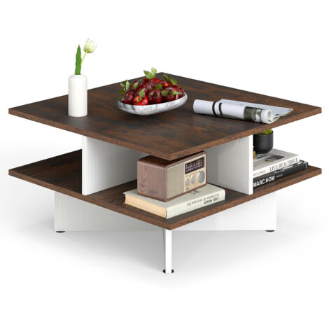 Table Basse Carrée à 2 Niveaux de 60 cm avec 4 Compartiments de Rangement, Style Moderne avec Base en Croix, Marron Rustique et Blanc (1/5)