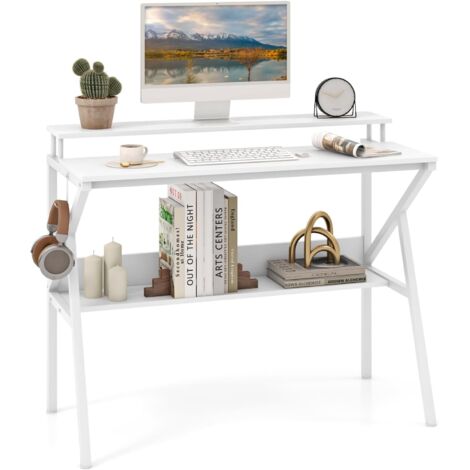 Petit Bureau, Bureau Compact avec Support pour Moniteur, Crochet Suspendu et Étagère de Rangement, Cadre Métallique en Forme de R, Blanc (1/5)