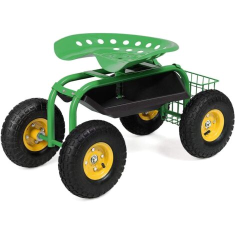 COSTWAY Siège de Jardin Roulant avec Hauteur Réglable, Chariot Jardinage avec Siège Pivotant à 360° Plateau Panier de Rangement Coussin Charge 150KG, pour Pelouse Atelier(Vert)