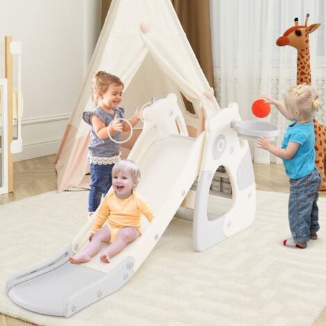 4 en 1 Toboggan Enfant Pliable en HDPE avec Panier de Basket & Jeu de Lancer d'Anneaux, Aire de Jeux avec Échelle,Charge 70kg, pour 3 Ans+,Forme Panda