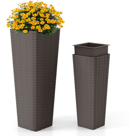 Lot de 2 Pots à Plantes en Rotin PP, Ensemble de Grands Jardinières d'Extérieur avec Bacs Intérieurs Amovibles Trous de Drainage, Marron (1/5)