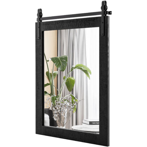 Miroir Mural Rectangulaire avec Cadre en Bois Massif, Miroir Suspendu avec Kit pour Porte de Grange, Miroir Décoratif pour Couloir, Salon,76x56cm,Noir (1/5)