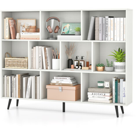 Bibliothèque à 10 Cubes 140 x 24 x 107 cm, Organisateur avec 5 Pieds Métalliques Effilés, Étagère avec 2 Kits Antichute pour Salon, Bureau, Blanc (1/5)