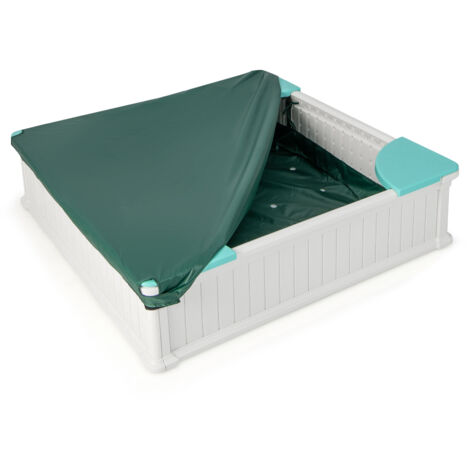 Bac à Sable Enfant en HDPE avec 4 Sièges d'angle, Bac à Sable Extérieur avec Couvercle en Tissu Oxford et Doublure, Charge 50kg, pour 3 Ans+, Blanc