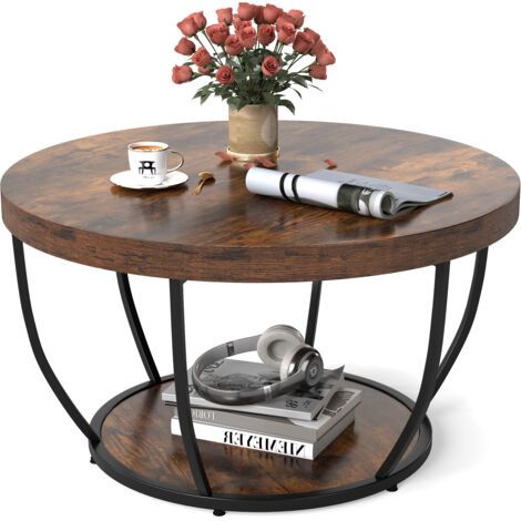 Costway – Table basse ronde 80 x 45cm – 2 niveaux avec étagère inférieure – Cadre en métal – Finition en faux bois – Charge 90kg – Marron (1/5)