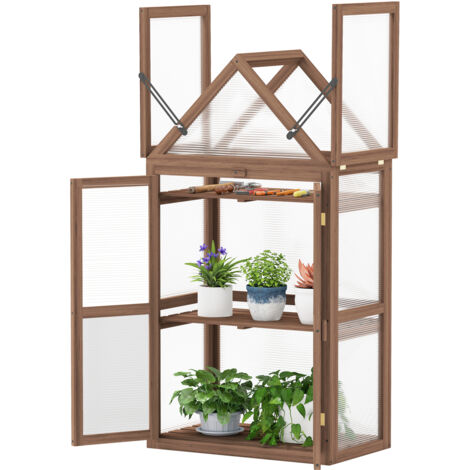 Serre de Jardin à 3 Niveaux en Bois de Sapin, 2 Porte Toit Ouvrant avec Étagères Réglables, Serre à Tomates Protection en Polycarbonate, Brun (1/5)