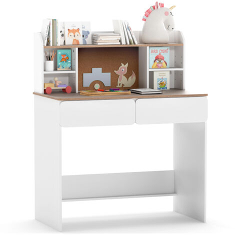 Bureau d'Étude pour Enfants avec Tableau d'Affichage en Liège, Station de Charge, Étagères Réglables et 2 Tiroirs, 90 x 48 x 109 cm, Blanc
