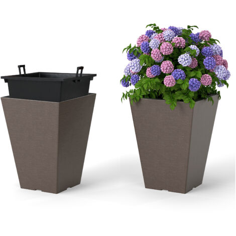 Lot de 2 Pots à Plantes en Forme de Cône, Jardinières Carrées 35 CM avec Système d'Auto-Arrosage Seau Intérieur Amovible, Intérieurs Extérieur, Brun (1/5)