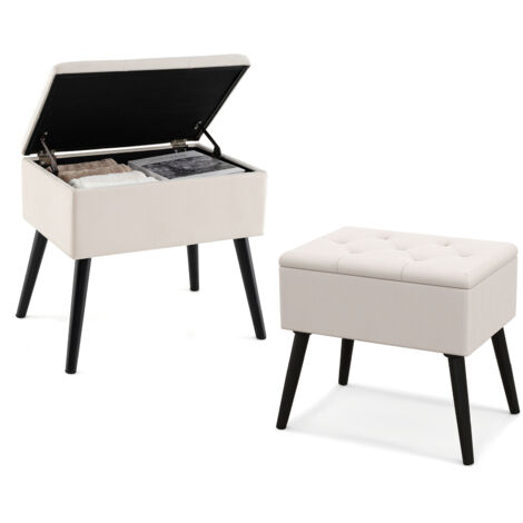 Pouf en Velours avec Pieds en Bois Massif & Siège Rembourré Rabattable, Tabouret Repose-Pieds avec Rangement, 53,5 x 38 x 46,5 cm, Charge 150KG, Beige (1/5)