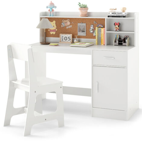 Costway – Bureau enfant avec chaise ergonomique – Dimensions 109,5x48x100,5 cm – MDF blanc – Rangement avec tiroir et étagères – Tableau en liège intégré