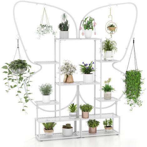 Support pour Plantes en Métal à 6 Niveaux, Étagère à Fleurs avec 12 Tablettes Métalliques 4 Crochets Forme Papillon, 56 x 26 x 185 cm, Blanc (1/5)