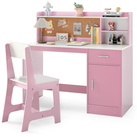Costway – Bureau enfant avec chaise ergonomique – Dimensions 109,5x48x100,5cm – Rangement ample avec étagères, tiroir et armoire – Tableau en liège intégré (1/5)