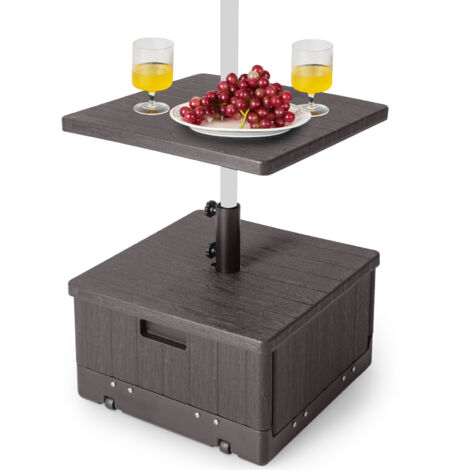 Pied de Parasol Carré en HDPE, Base de Parasol avec Plateau de Table, Support de Parasol avec Roues et Poignées, Charge 45 L d'Eau/67 KG Sable, Brun (1/5)
