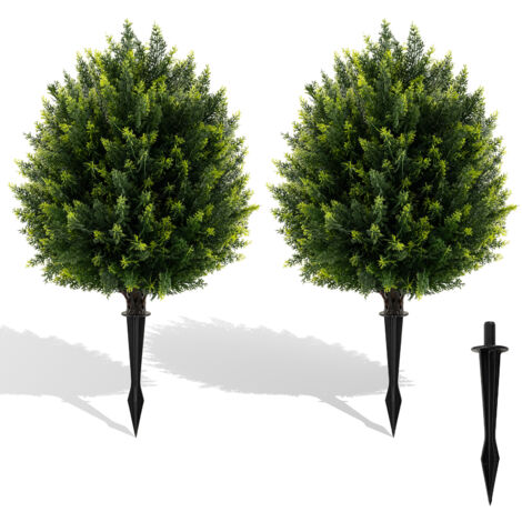 Ensemble de 2 Boules d'Arbres Topiaires Artificiels en Cyprès 61CM, Faux Arbuste en Cèdre avec Pique au Sol, Plante Artificielle Intérieure Extérieure (1/5)
