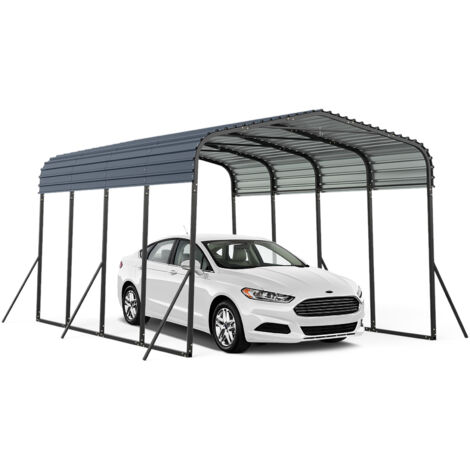 Costway – Abri de voiture métallique 4,4 x 3M – Toit en acier coloré résistant aux intempéries – 4 pieds inclinés pour stabilité – 12 ancrages au sol
