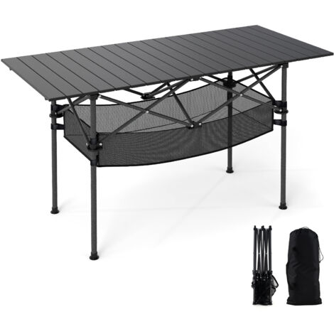 Table de Pique-nique Portable avec Plateau Roulable en Aluminium et Panier, 119 x 55 x 69 cm, avec Sac de Transport pour Jardin, Plage, Pêche, Noir (1/5)