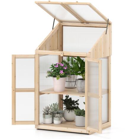 Serre de Jardin à 2 Niveaux en Sapin 121 cm, Mini Serre avec Protection d'Étagère Toit Rabattable Transparent Porte Verrouillable Étagères Amovibles (1/5)