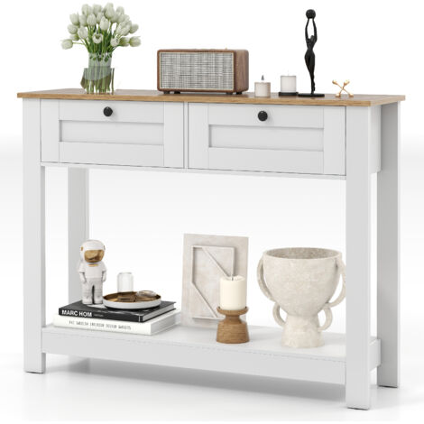 Costway – Table console étroite 106 cm avec 2 tiroirs – Étagère ouverte – Kits anti-basculement – Meuble blanc pour entrée ou salon