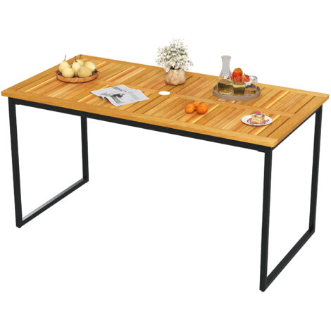 Table à Manger Extérieur en Bois d'Acacia-Certifié FSC pour 6 Personnes, Table de Jardin 140 x 70 cm Design Latte avec Trou φ5 cm pour Parasol (1/5)