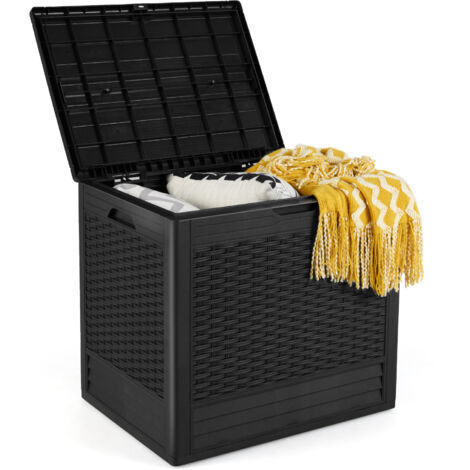 Coffre de Rangement Extérieur de 96 L, Conteneur de Terrasse en PP avec Motifs en Osier et Couvercle Verrouillable, 58 x 43,5 x 53 cm Noir (1/5)