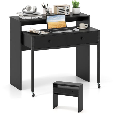 Costway – Bureau gamer extensible noir – Table d'ordinateur gain de place avec 2 tiroirs – Plateau surélevé ergonomique – Roulettes verrouillables